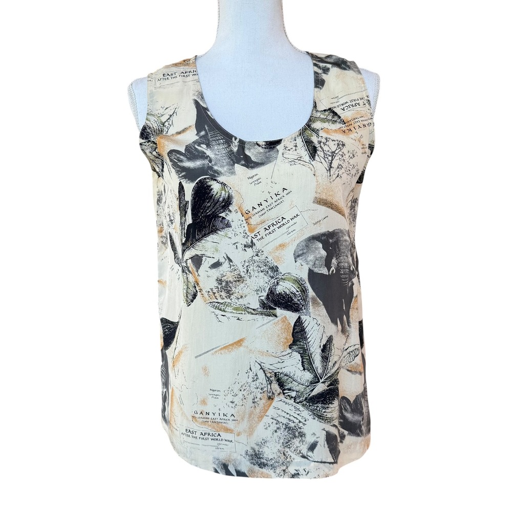 Sunny Leigh Sleeveless Tank Top M Elephant Map Print Silk Women's